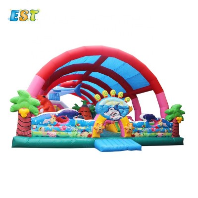 Outdoor new commercial type inflatable air jumping castle, shark with moving mouth bouncerabove playground for kids