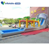 Inflatable sand beach long slide with water pool